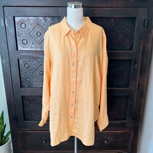 J JILL LOVE LINEN Light Orange Long Tunic Top Button Down Top Size 2X Collar
